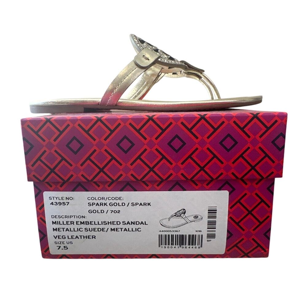 Tory Burch Miller Embellished Sandals Spark Gold 7.5 Metallic Thong - Picture 2 of 12